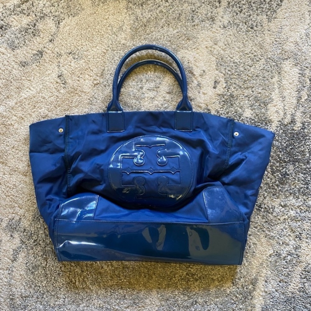 Tory Burch Large Ella Tote Navy Blue Bag Purse Shoulder Hobo